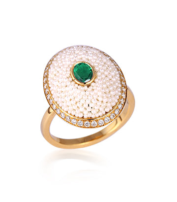 Pearl, Diamond and Emerald ring